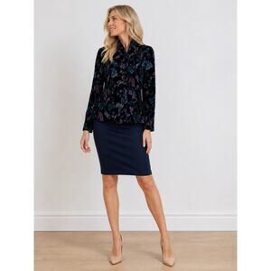 Womens Black Floral Button Front Blouse Velvet Look Jacket Appleseeds 14